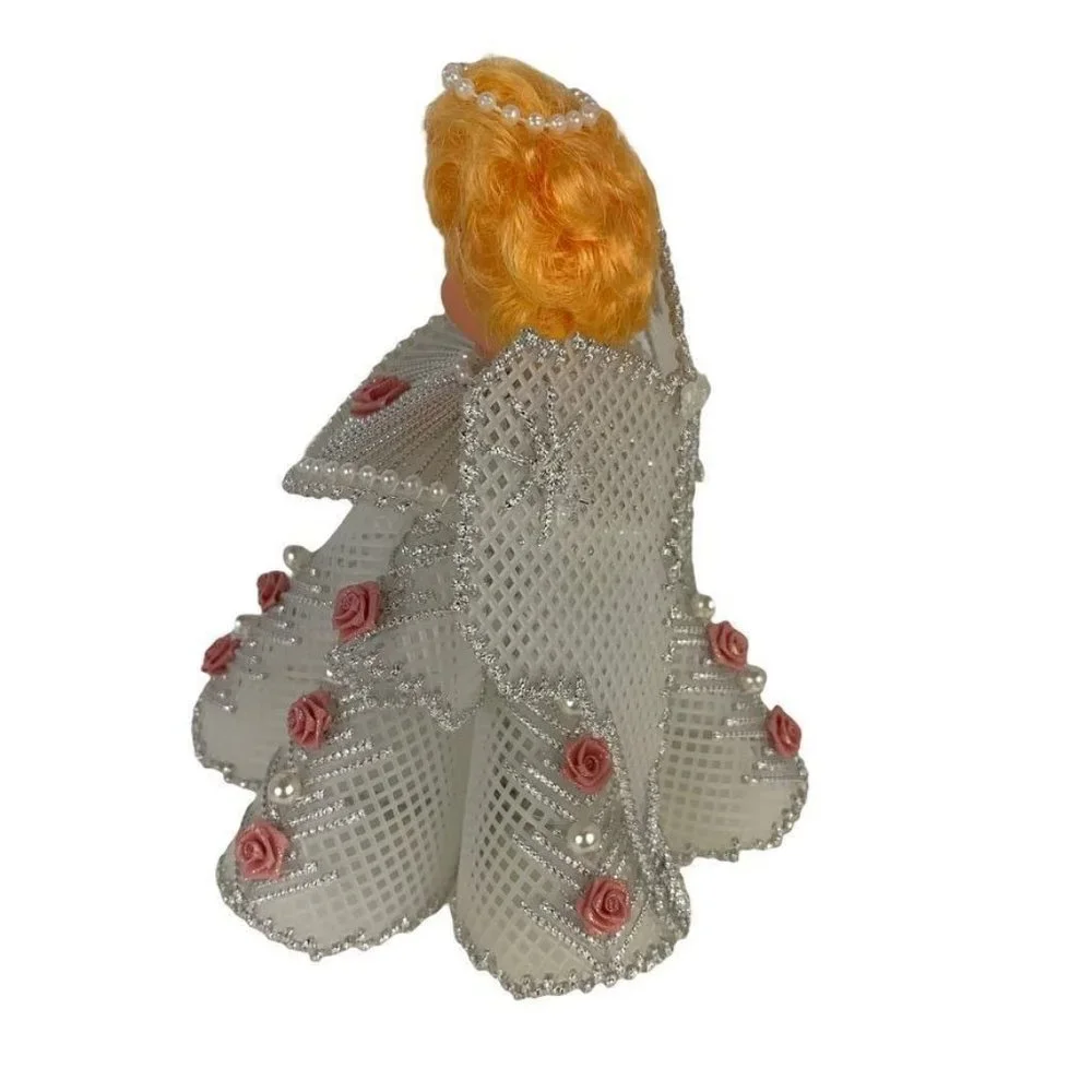 Handmade Vintage Angel Christmas Tree Topper Plastic Canvas Roses Pearl Beads 8